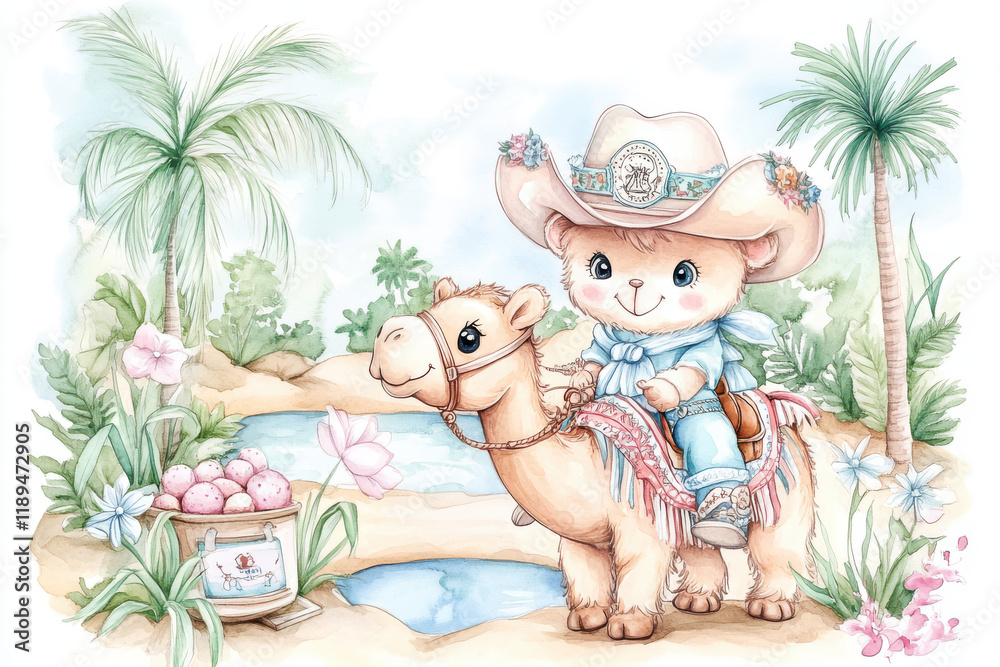 Naklejka premium Cute illustration of bear in cowboy hat riding camel in tropical setting with palm trees and flowers. scene evokes playful and adventurous spirit