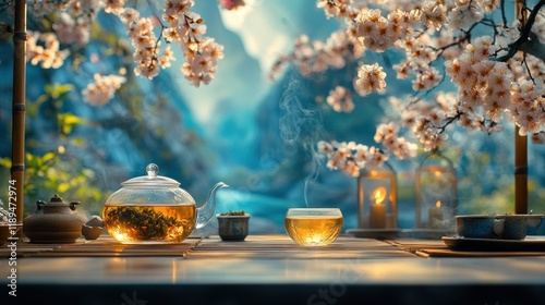 Serene tea ceremony scene with blooming cherry blossoms and a mountain backdrop.