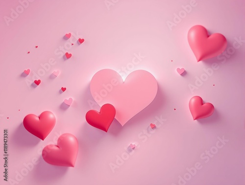 collection of pink hearts floating on a pastel pink background. The hearts vary in size and are scattered across the image, creating a festive and romantic atmosphere. valentines day
