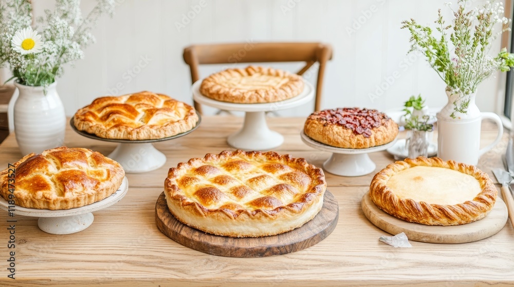Rustic Savory Pies with Herbs on a Wooden Table for British Pie Week 6 Rustic Savory Pies with Herbs on a Wooden Table for British Pie Week 6