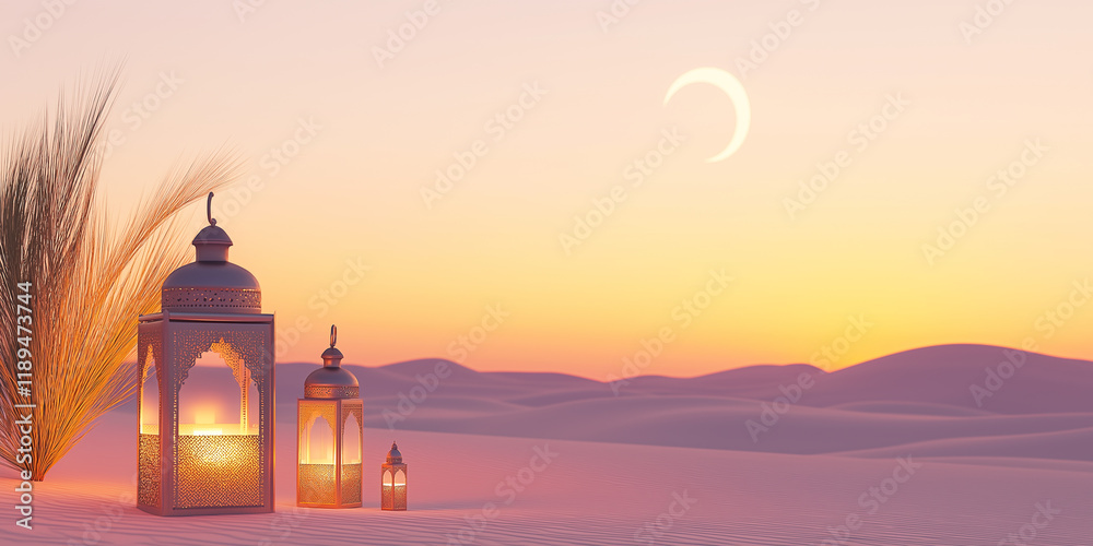 Sunset Desert Elegance: Metallic Lanterns Scattered on Sand with Moonlight Sunset Desert Elegance: Metallic Lanterns Scattered on Sand with Moonlight