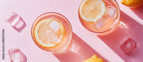 Two glasses of refreshing lemonade with lemon slices and ice cubes on a pink background.