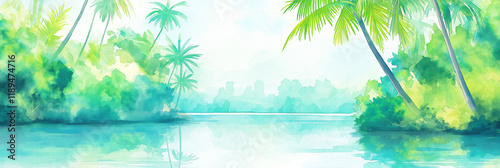 Watercolor landscape of lake with a fresh greenery forest
