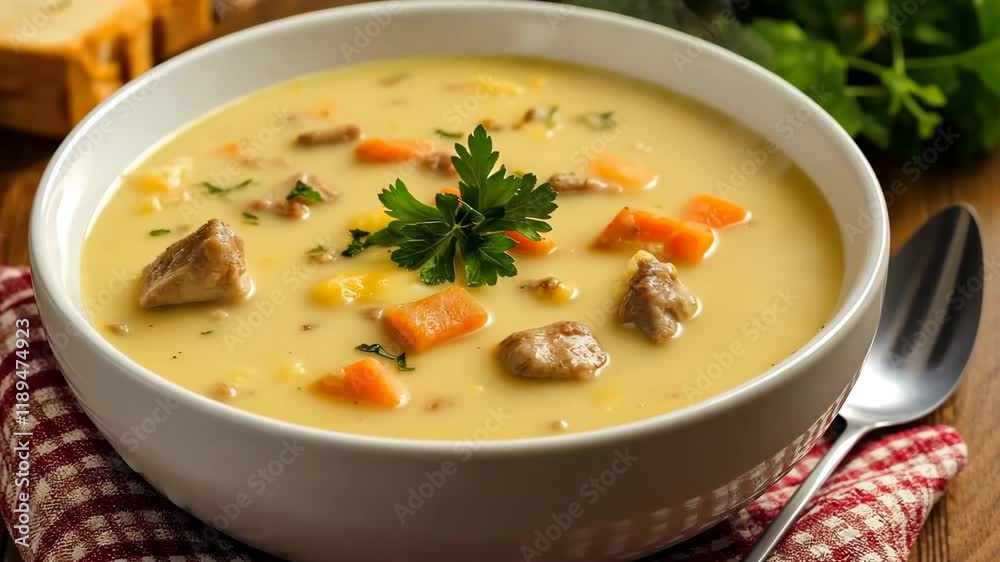 A bowl of soup with meat and carrots A bowl of soup with meat and carrots