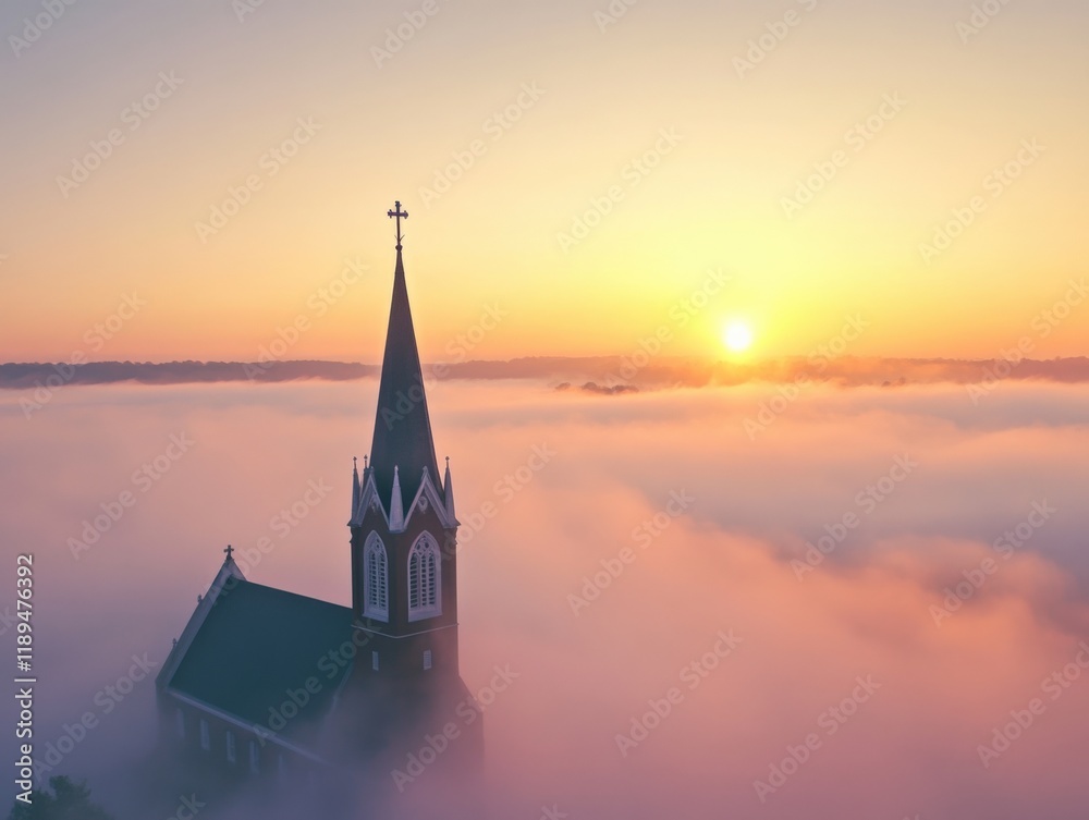Obraz premium church in the clouds at sunrise