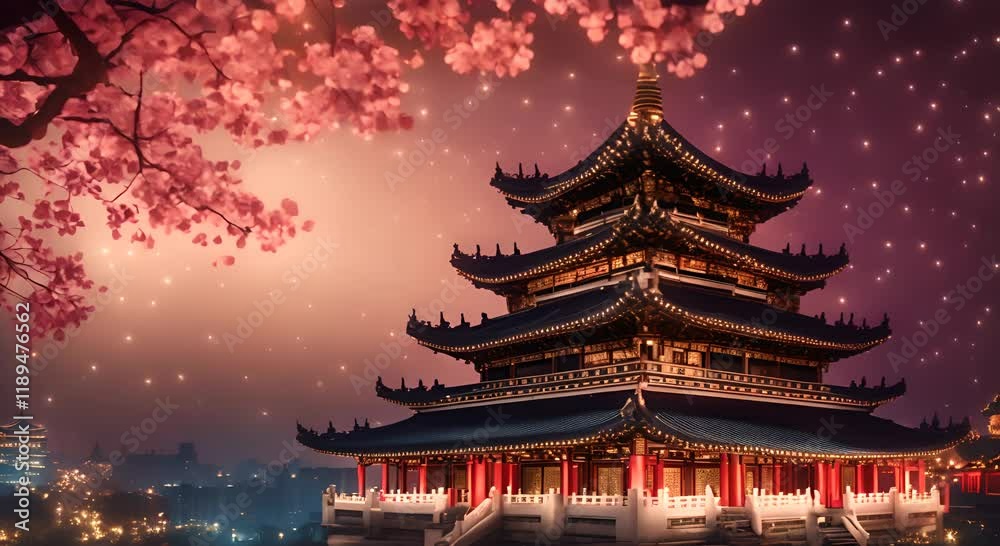 Majestic historic building of Chinese Temple at night Tradition in Asia starry night background with sparkling bokeh lights video 4K