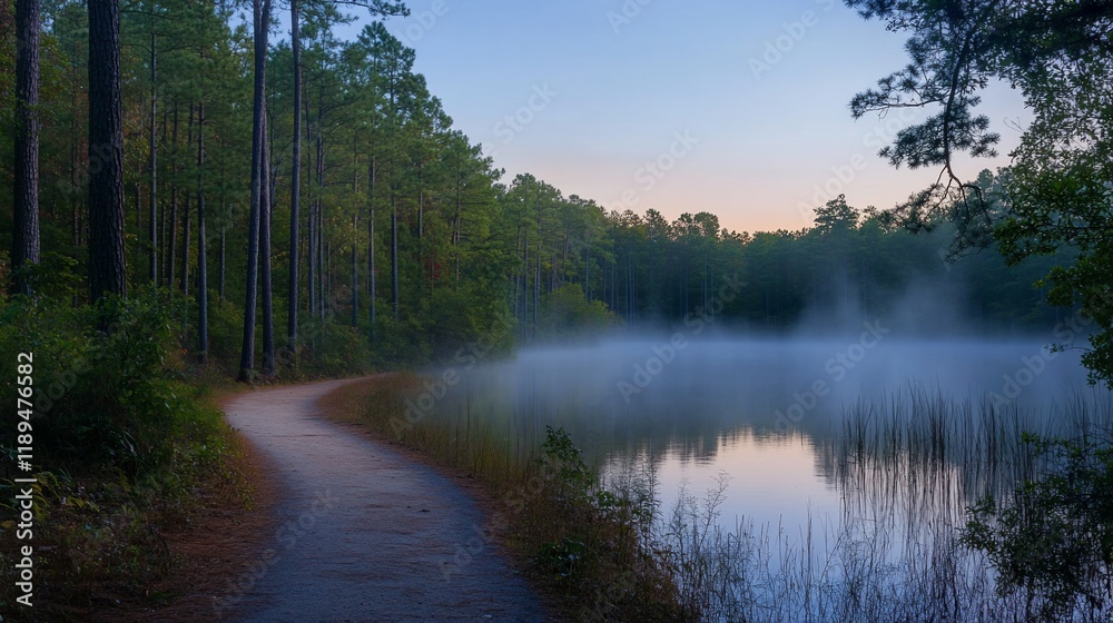 Misty morning path alongside tranquil lake in pine forest. Misty morning path alongside tranquil lake in pine forest.