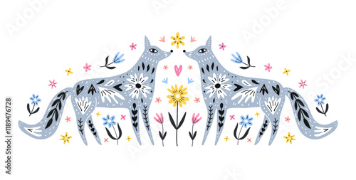 Ornate forest foxes with floral pattern design on the flower background. Nordic style animals symmetrical composition. EPS 10 vector hand-drawn illustration.