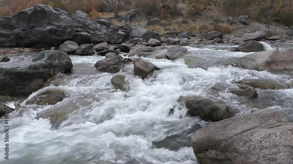 Fast moving stream of seething mountain river runs along stone banks. Altai Fast moving stream of seething mountain river runs along stone banks. Altai