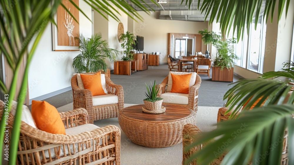 Fototapeta premium Tropical themed waiting area with wicker chairs, wooden coffee table, and potted plants.