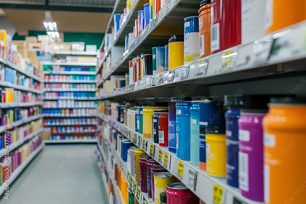 Aisle in a hardware store displaying shelves full of colorful paint cans and supplies Aisle in a hardware store displaying shelves full of colorful paint cans and supplies