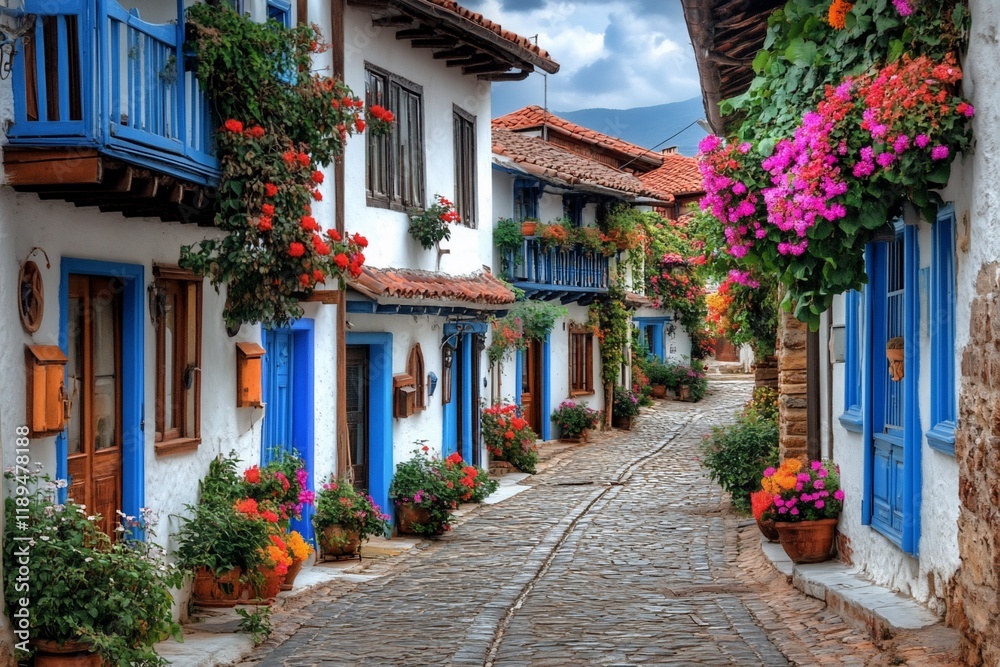 Fototapeta premium Cobblestone street with colorful houses and flowers.