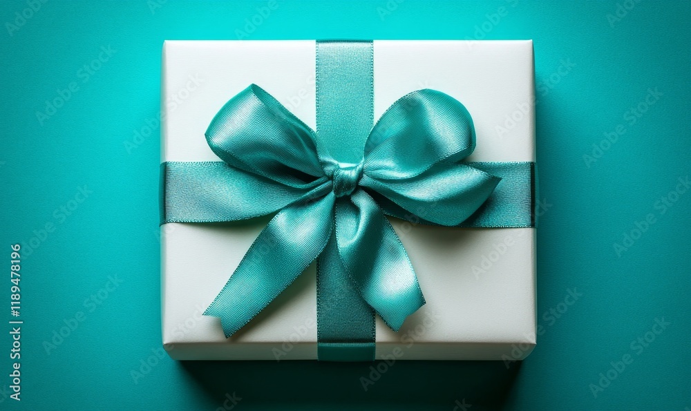 White gift box with turquoise bow on a turquoise background. Birthday present, Generative AI White gift box with turquoise bow on a turquoise background. Birthday present, Generative AI