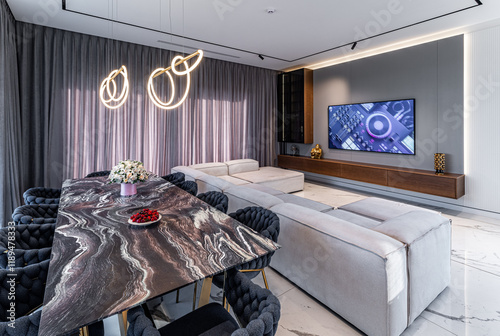 Interior of a private house, studio with kitchen.