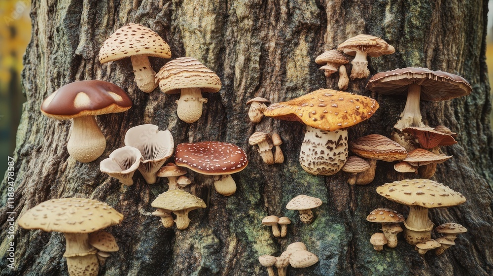 Fototapeta premium Diverse Mushrooms Thriving on a Tree Trunk Surrounded by Lush Forest Vegetation