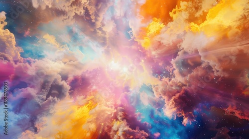 a surreal journey through an abstract cosmos of vibrant colors and celestial phenomena, with a spacious white area for text in the center, bold and dynamic hues against a celestial backdrop