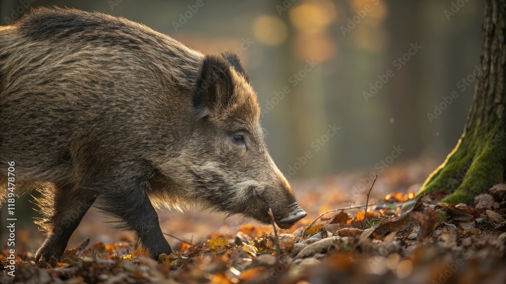 Wild boar foraging in a forest, curious, amidst autumn leaves and trees Wild boar foraging in a forest, curious, amidst autumn leaves and trees