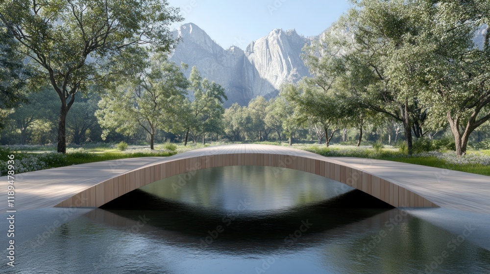 Tranquil Wooden Bridge Over Reflective River in Lush Mountain Parkland Tranquil Wooden Bridge Over Reflective River in Lush Mountain Parkland