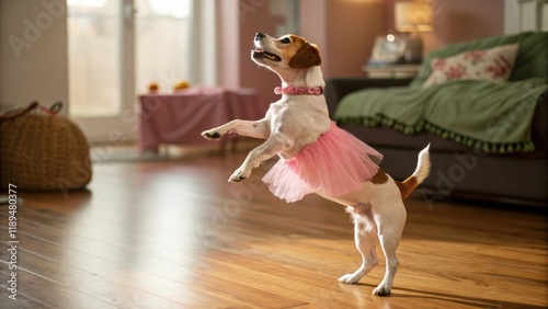 Fototapeta Naklejka Na Ścianę i Meble -  Stylish dog in a pink tutu, dancing playfully in a bright living space