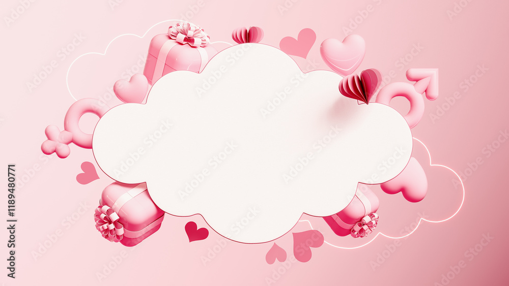 Valentine's day greeting card and banner design with copy space. White cloud and Valentine's day symbols on pink background. 3D Rendering, 3D Illustration Valentine's day greeting card and banner design with copy space. White cloud and Valentine's day symbols on pink background. 3D Rendering, 3D Illustration
