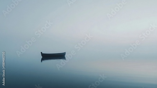 A lone boat floats peacefully on a still, misty water body, evoking solitude and tranquility in an ethereal dawn setting that blends seamlessly into the foggy horizon. photo