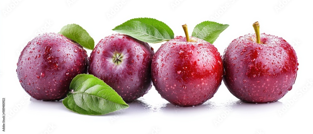 Four red apples with green leaves and water droplets Four red apples with green leaves and water droplets