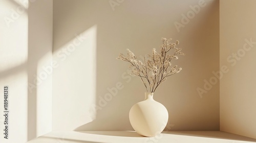 A softly sunlit vase of elegant dried flowers rests in a serene corner of a muted, minimalist interior, where shadows dance lightly, imbuing a sense of gentle warmth. photo