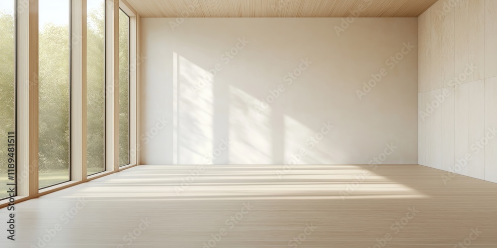 Fototapeta premium Empty room bathed in sunlight. Large windows offer view of plants outside. Wooden floors, walls create minimalist, airy ambiance. Natural light streams into space. Bright, serene interior design