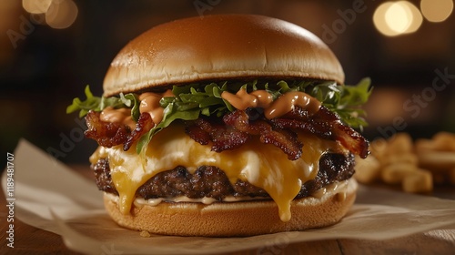 Juicy beef burger with melted cheese, crispy bacon, lettuce, and sauce on a bun. photo