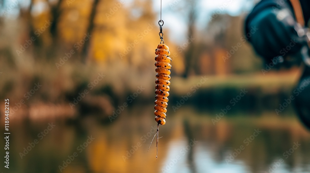 Close-up of fishing bait hanging over autumnal river. Close-up of fishing bait hanging over autumnal river.