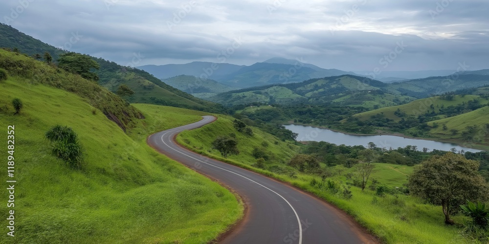 Fototapeta premium A winding road with a lake in the background. The road is surrounded by lush green hills and trees. The scene has a peaceful and serene atmosphere