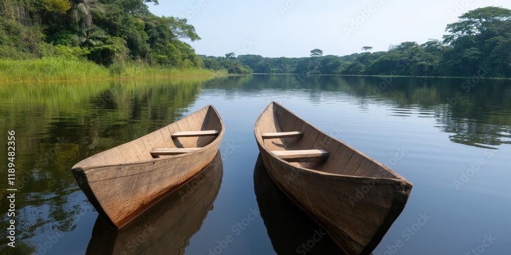 Two small wooden boats are floating in a lake. The water is calm and the sky is clear Two small wooden boats are floating in a lake. The water is calm and the sky is clear