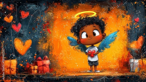   A portrait of a young lad clutching a heart-shaped object beneath an ethereal being's gaze, with a present package positioned in front