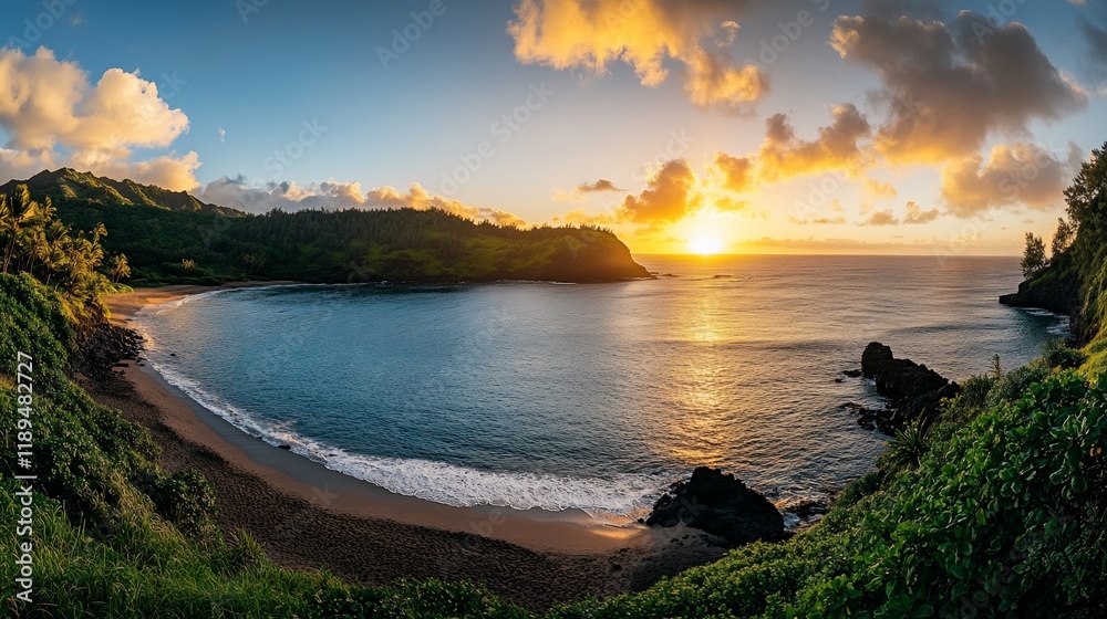 Fototapeta premium Panoramic sunrise over secluded cove beach.