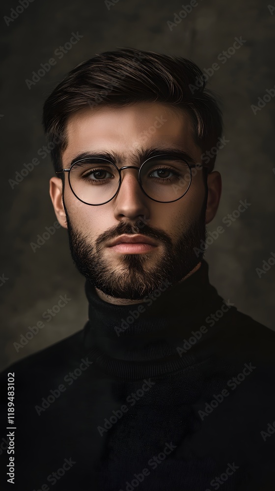 Portrait of a man in early adulthood with a contemplative expression and stylish glasses Portrait of a man in early adulthood with a contemplative expression and stylish glasses