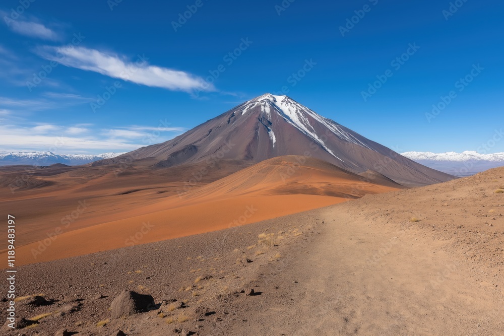 A mountain with snow on top and a clear blue sky. The mountain is in the distance and the sky is very clear A mountain with snow on top and a clear blue sky. The mountain is in the distance and the sky is very clear