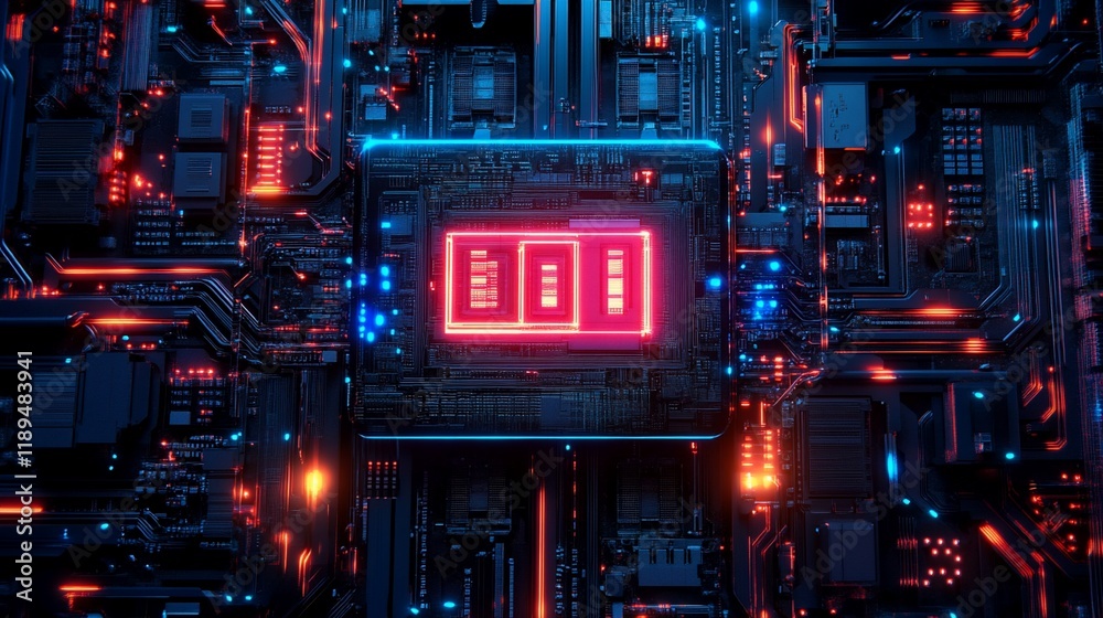 Obraz premium Close-up of a CPU with three glowing cores on a circuit board.