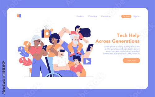 Tech Help Across Generations. Flat Vector Illustration