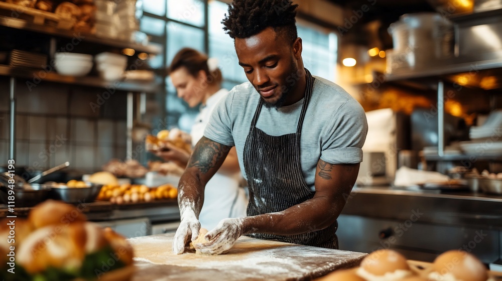 Baker kneading dough in a busy bakery kitchen. Baker kneading dough in a busy bakery kitchen.