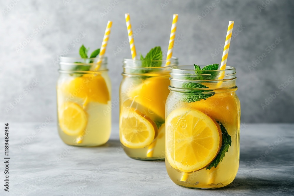 Fototapeta premium Three mason jars filled with refreshing lemonade, lemon slices, ice, and mint leaves, garnished with yellow striped straws.