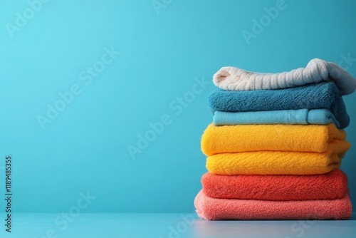 Clothes, fabric and clean laundry background for laundromat business, service or fabric softener. Colourful, pile or dirty clothing backdrop for mockup, product design or eco friendly, Generative AI