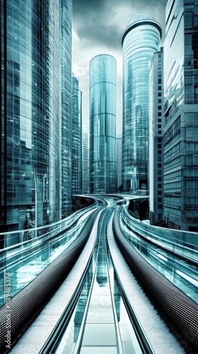 Futuristic Urban Skyline with Elevated Walkway and Modern Architecture at Dusk