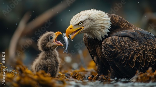 Adult eagle feeds chick fish on ground; nature background for wildlife print use photo