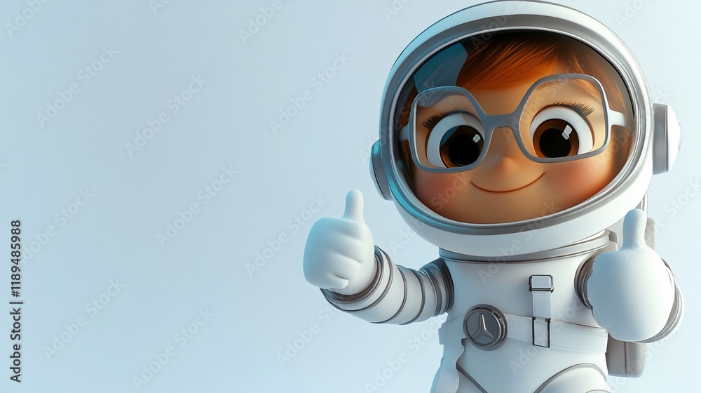 Fototapeta premium Cute cartoon astronaut girl giving thumbs up.