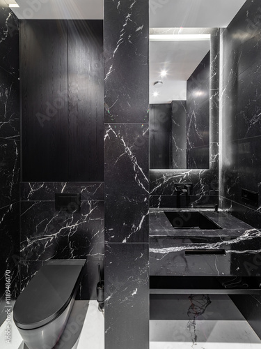 Black marble toilet. Private house.