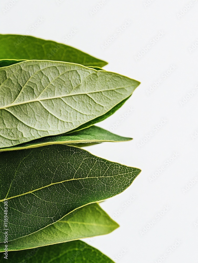Obraz premium Close-up of vibrant green leaves, isolated on white background.