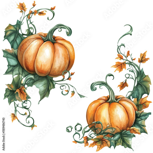 A watercolor vector painting of a vibrant pumpkin with its stem and leaves, isolated on a white background.

