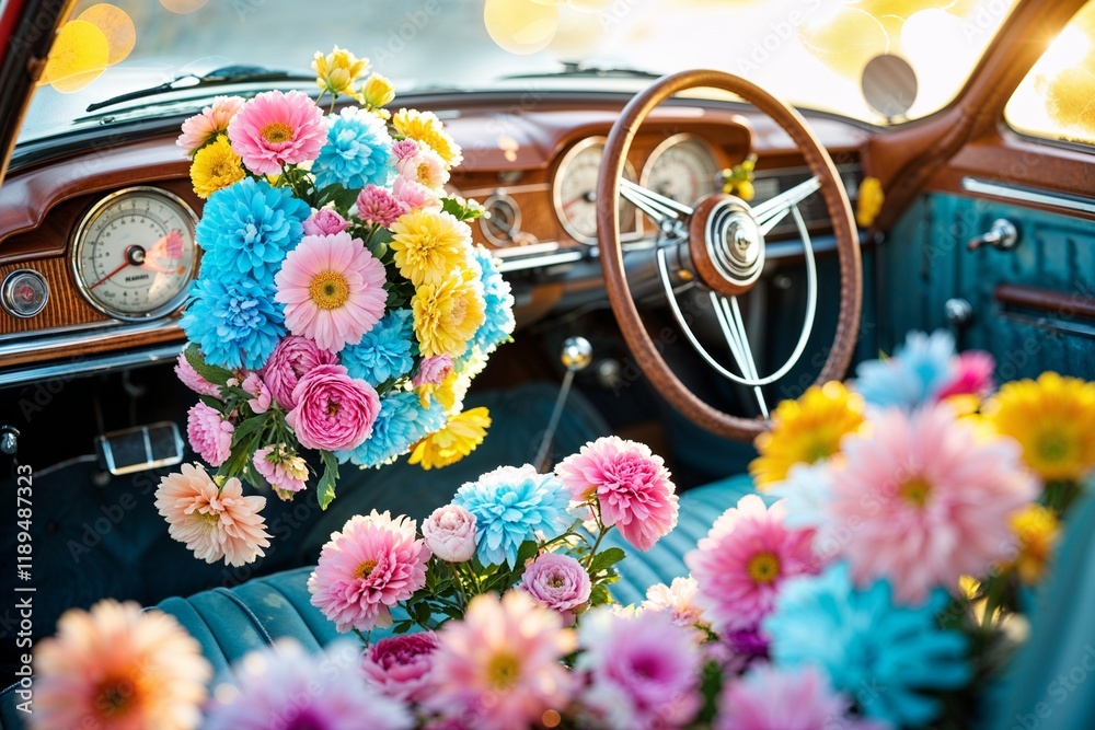 custom made wallpaper toronto digitalRetro car interior with colorful blooming flowers and steering wheel