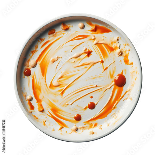 Dirty White Plate with Oil and Smeared Sauce isolated on transparent background