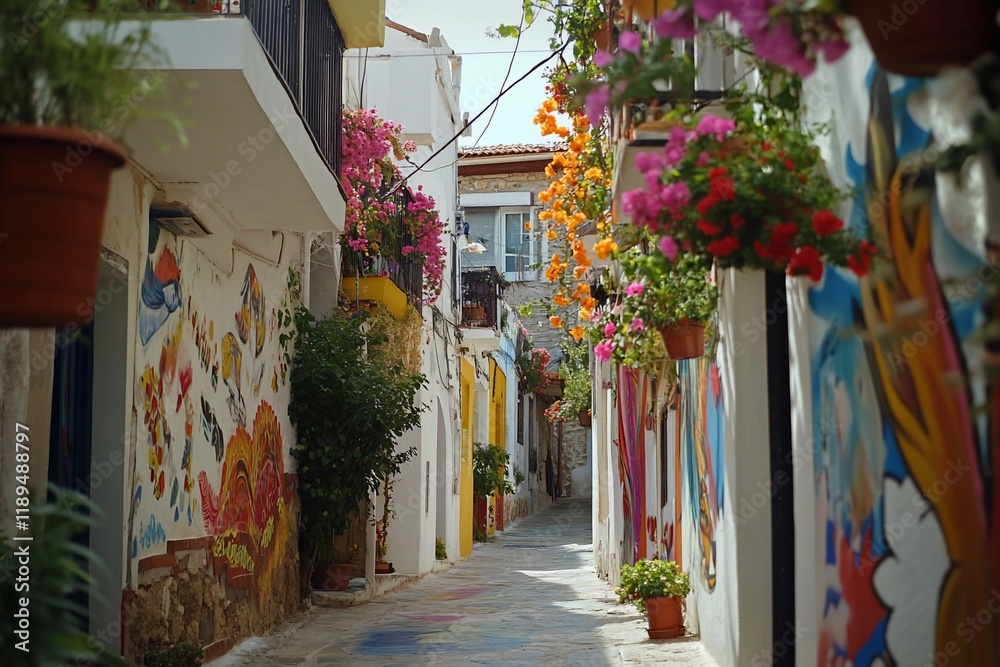 Fototapeta premium Colorful alleyway with vibrant flowers and murals.
